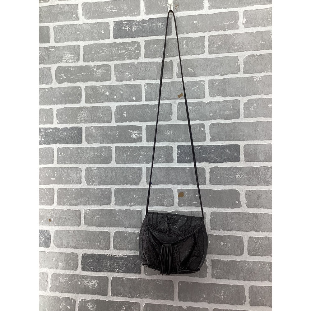 Vintage NAS Bag Black Leather Patchwork Tassel Crossbody Purse Made in Korea
